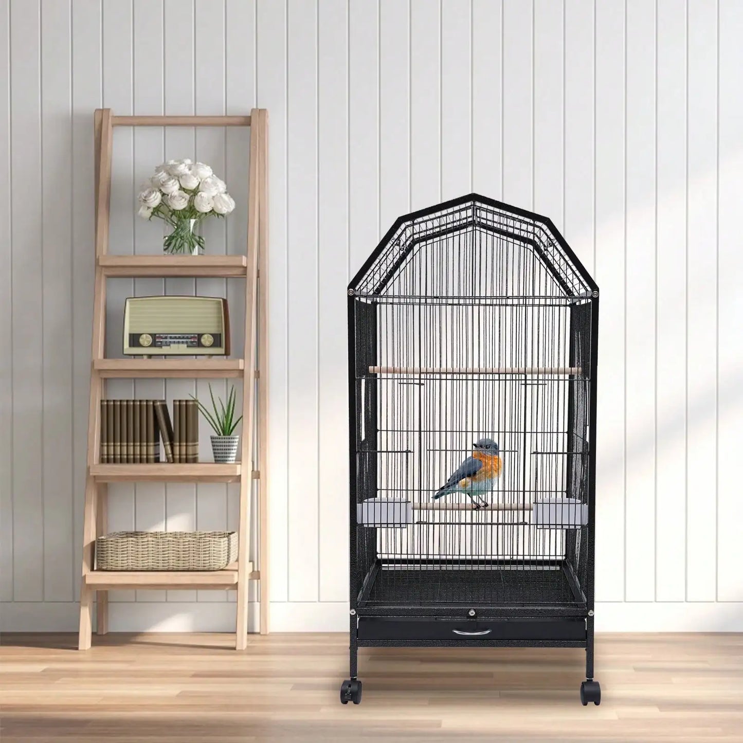 Parakeet 36.9 Inch Wrought Iron Cage Pet Flight Cages With 4 Universal Wheels 3 Standing Poles Rolg Stand Bird Playground