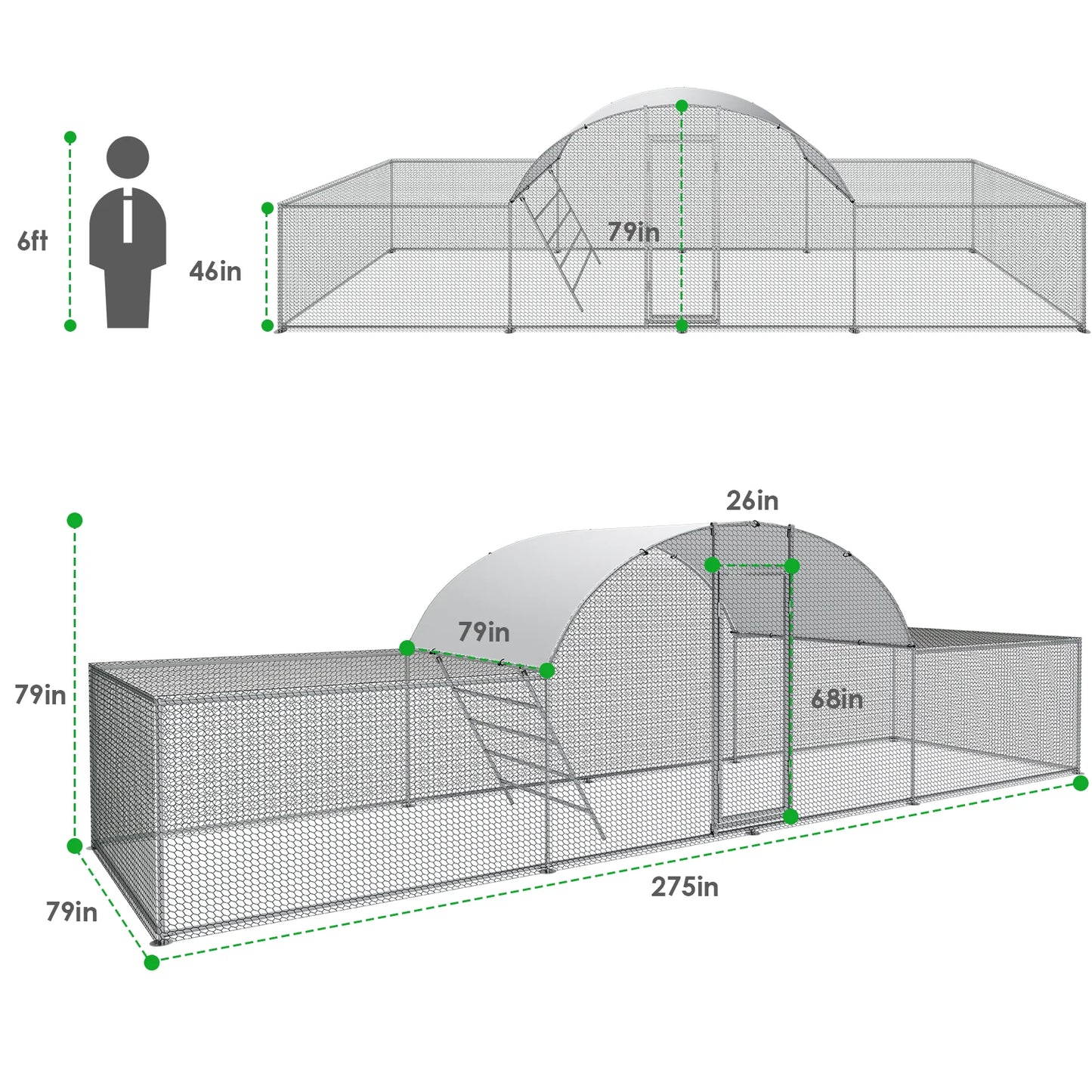 23ft Metal Chicken Coop, Run Enclosure Walk-in Galvanized Duck or Rabbit Cage House