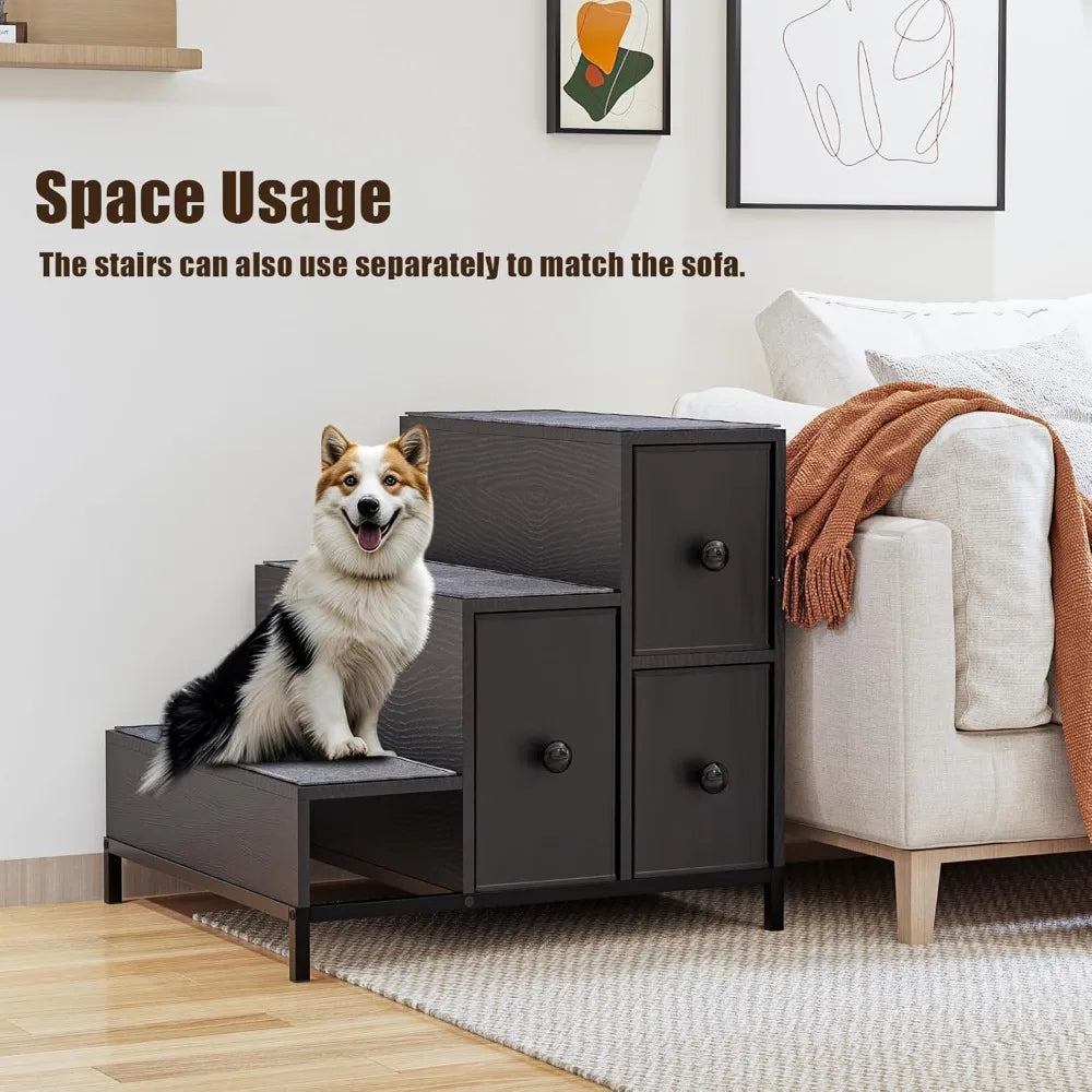 Pet Bunk Bed with Stairs and Storage, Dogs/Cats Window Perch, Bedside Lounge Elevated Pet Bed Multi-Level Platform with Foam