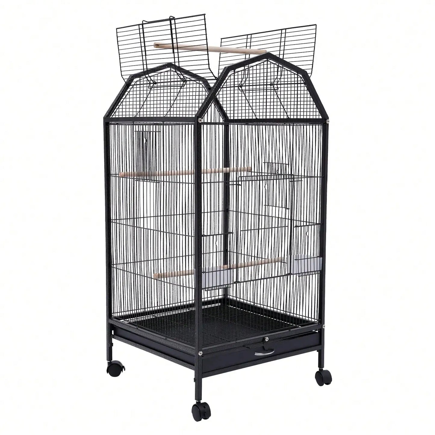 Parakeet 36.9 Inch Wrought Iron Cage Pet Flight Cages With 4 Universal Wheels 3 Standing Poles Rolg Stand Bird Playground