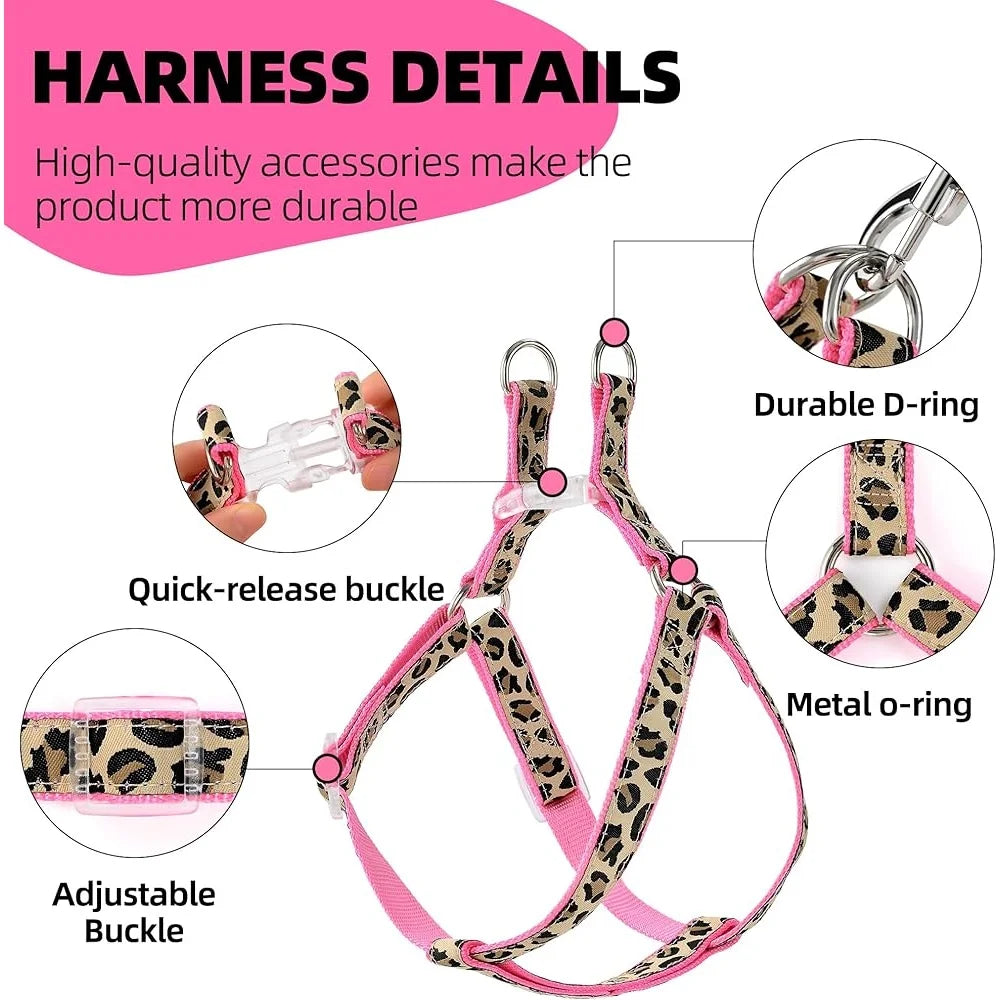 Leopard Print Dog Harness Leash Collar Set Adjustable No Pull For Small Pet