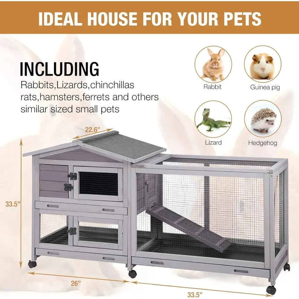 Indoor and Outdoor Rabbit Hutch with Casters Waterproof Roof, Pull Out Tray from Back and Front