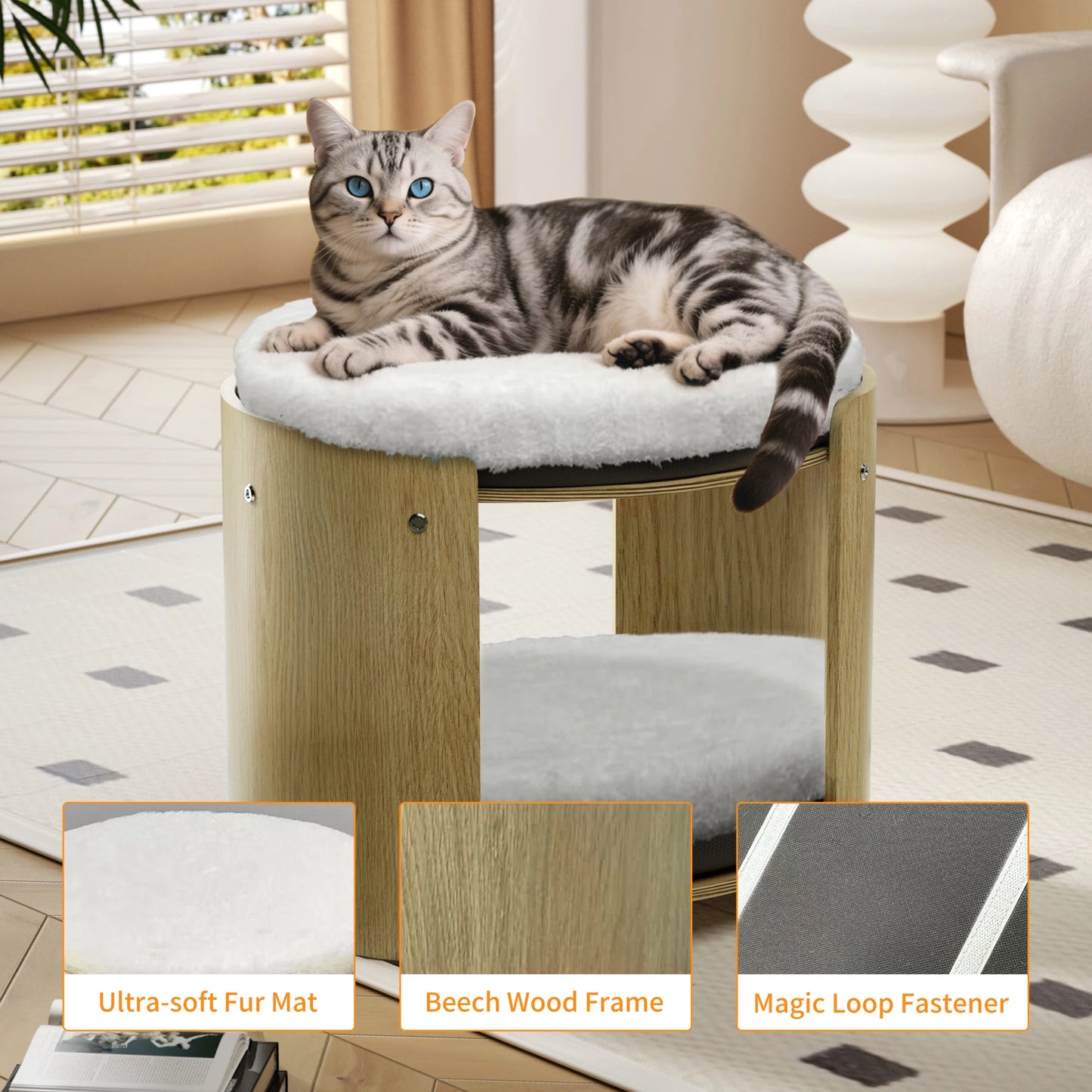 Elevated Cat Bed with Natural Bamboo Frame, Removable Washable Soft Plush Mat