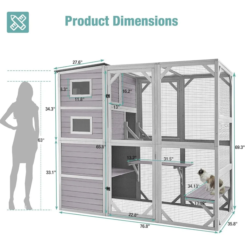 Cat Cage, Large Catio Outdoor Cat Enclosure with 4 Tiers, Weatherproof Roof