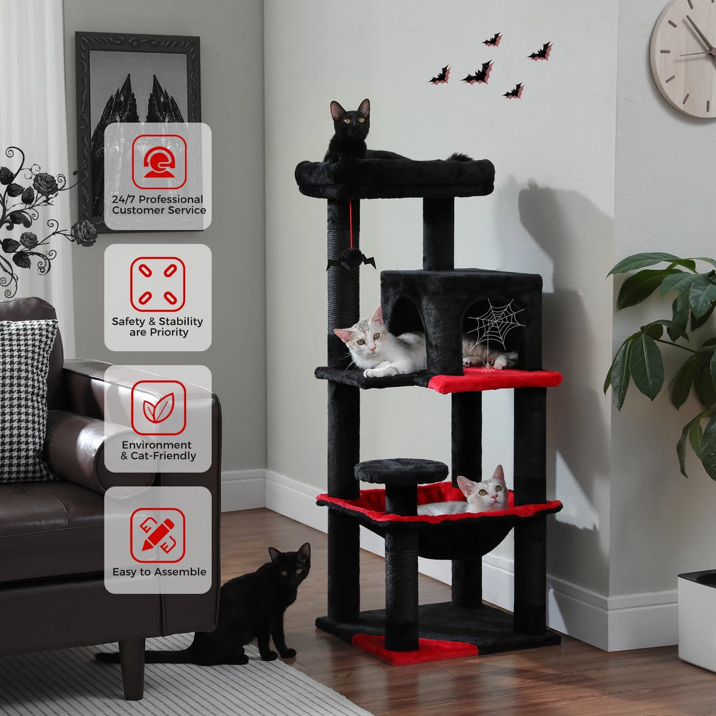 4-Tier Gothic Cat Tower with Sturdy Metal Frame, Hammock, Condo, Perch, and 4 Sisal Posts in Black