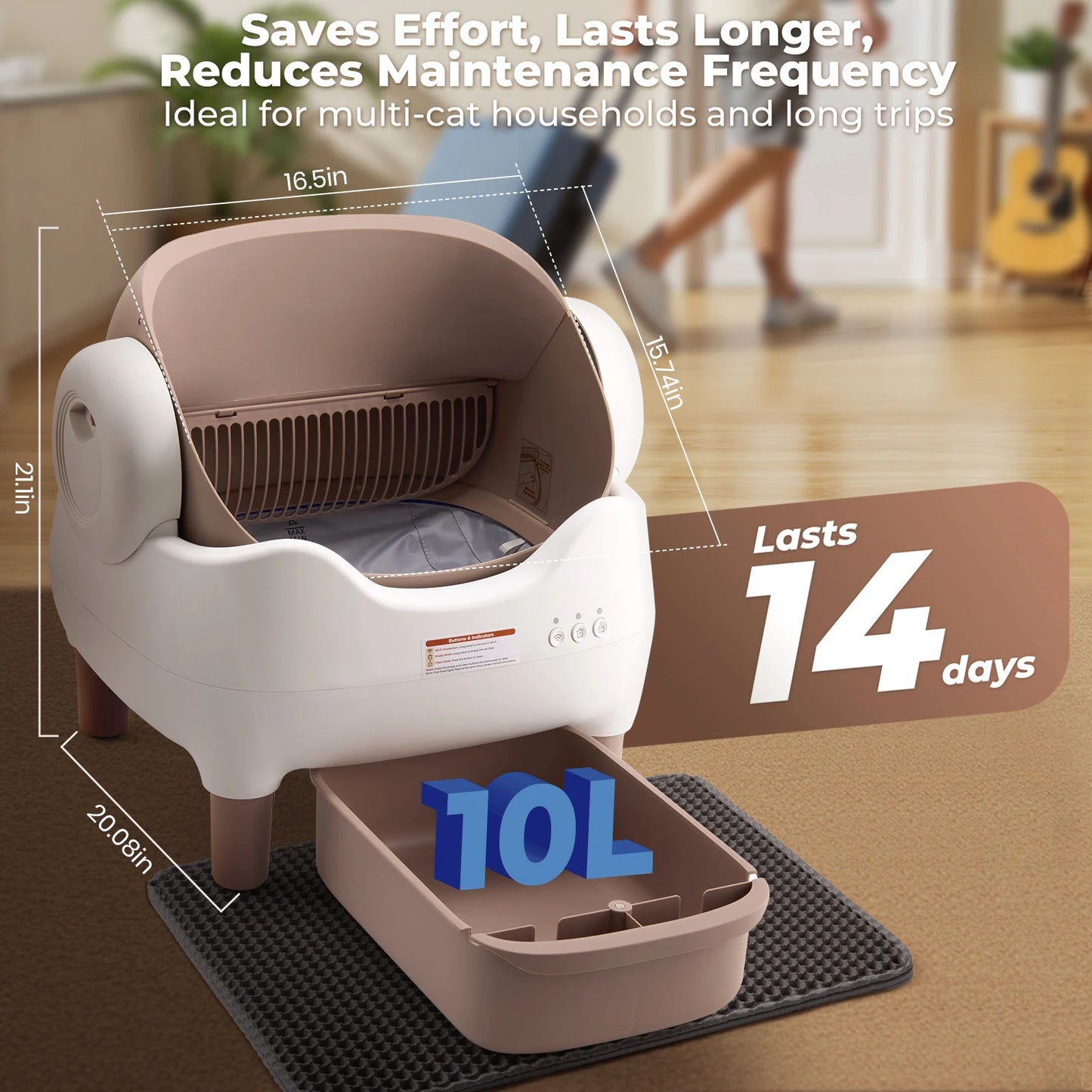 Self Cleaning Litter Box, Large Waste Bin, Open-Top for Multi Cats