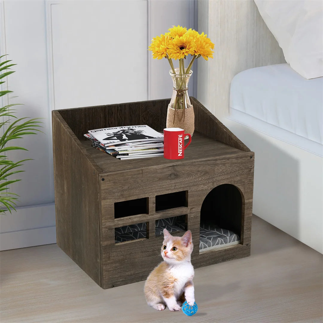 Wooden Cat Cave Bed Furniture With Cushion Pad