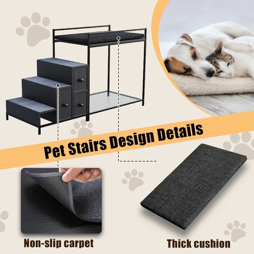 Pet Bunk Bed with Stairs and Storage, Dogs/Cats Window Perch, Bedside Lounge Elevated Pet Bed Multi-Level Platform with Foam