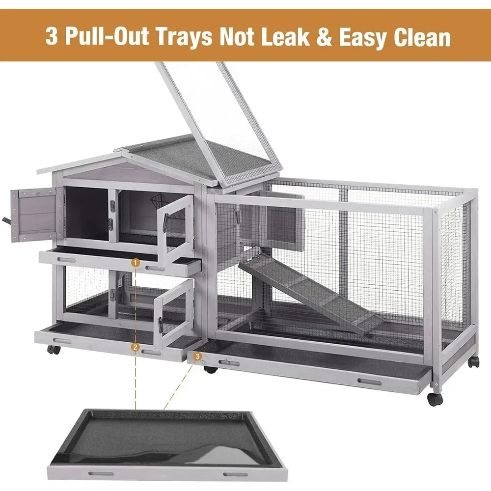 Indoor and Outdoor Rabbit Hutch with Casters Waterproof Roof, Pull Out Tray from Back and Front