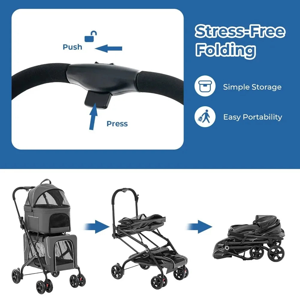 Double Dog Stroller, Removable Carrycot, Safety Belt, 4 Lockable Wheels