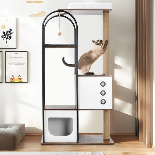 Modern Cat Tower, Multi-Level With Cave, 2 Scratching Posts,