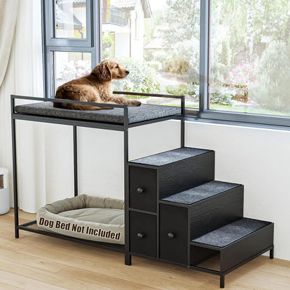 Pet Bunk Bed with Stairs and Storage, Dogs/Cats Window Perch, Bedside Lounge Elevated Pet Bed Multi-Level Platform with Foam