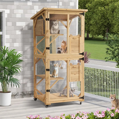 4-Tier Large Wooden Window Outdoor Cat Enclosure with Scratcher With Asphalt Waterproof Roof, Wheels