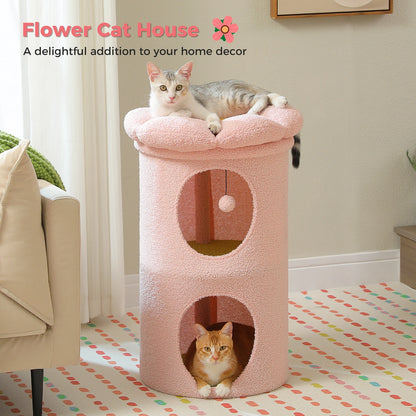 Double-Deck Cat House with Cozy Large Condo, Spacious Cat Bed with Luxury Flower Perch, Pompom Ball