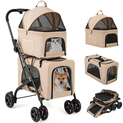 Double Dog Stroller, Removable Carrycot, Safety Belt, 4 Lockable Wheels