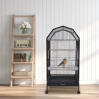 Parakeet 36.9 Inch Wrought Iron Cage Pet Flight Cages With 4 Universal Wheels 3 Standing Poles Rolg Stand Bird Playground