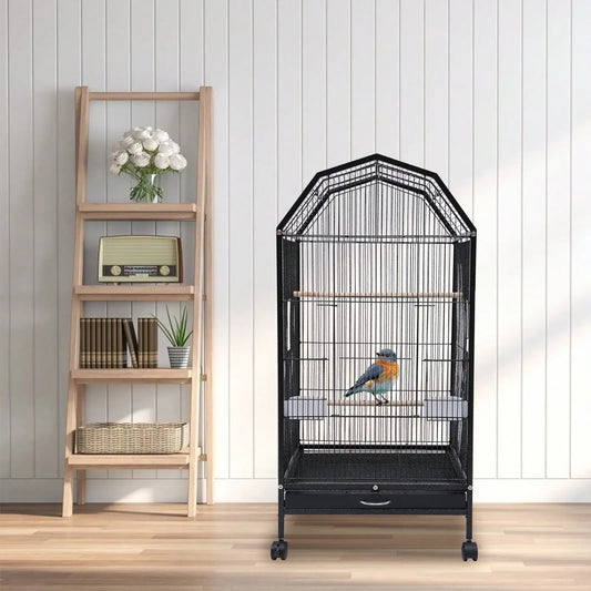 Parakeet 36.9 Inch Wrought Iron Cage Pet Flight Cages With 4 Universal Wheels 3 Standing Poles Rolg Stand Bird Playground