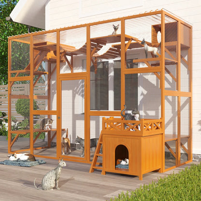MLG Outdoor Cat Enclosure with Natural Wood Playground and Weather Protection