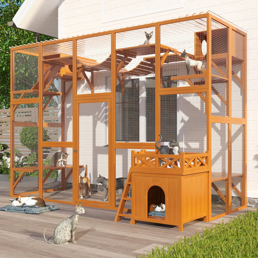 MLG Outdoor Cat Enclosure with Natural Wood Playground and Weather Protection