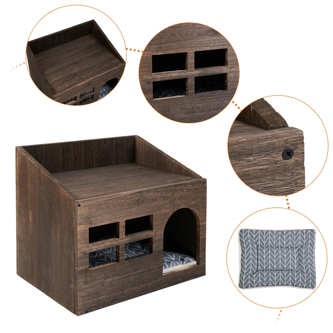Wooden Cat Cave Bed Furniture With Cushion Pad