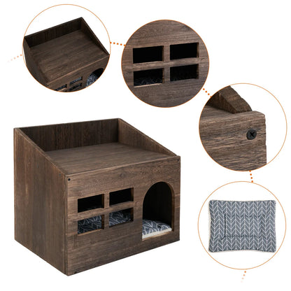 Wooden Cat Cave Bed Furniture With Cushion Pad