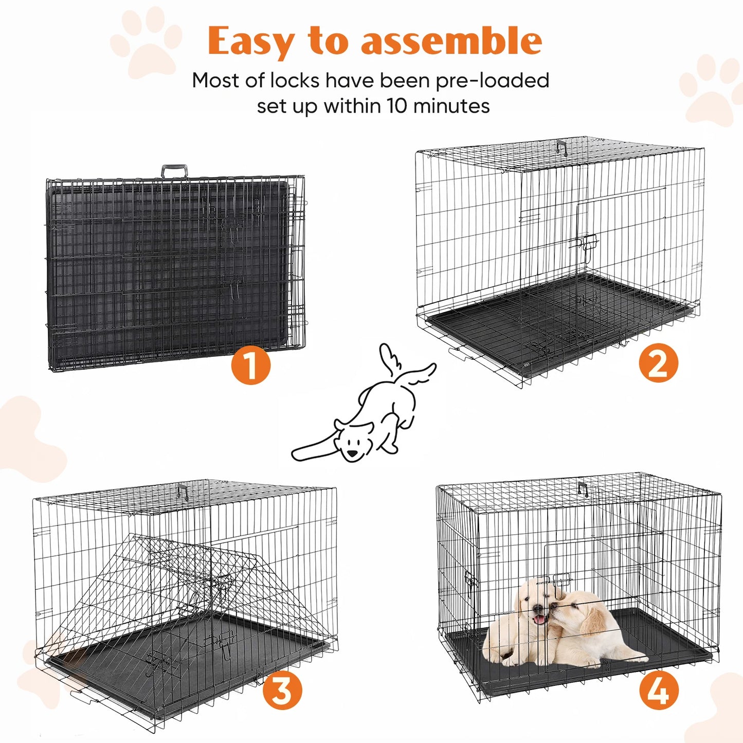 Double Door Folding Metal Dog Cage with Plastic Leak-Proof Pan