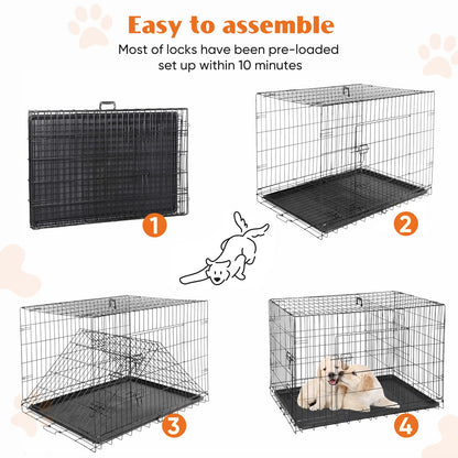 Double Door Folding Metal Dog Cage with Plastic Leak-Proof Pan