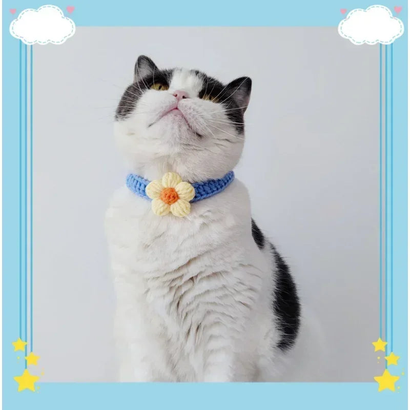 Kawaii Crochet Pet Collar, Adjustable Wool Necklace Flowers