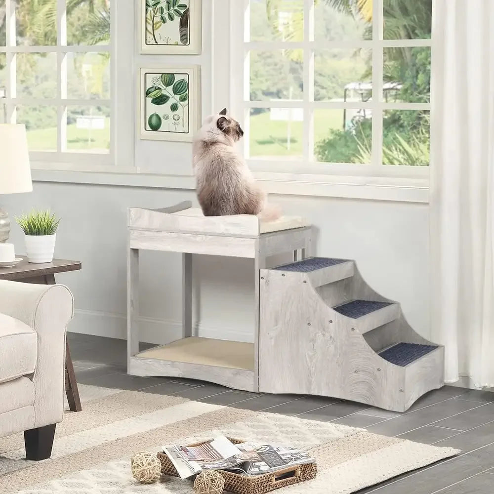 A Pet Bunk Bed with Removable Step for Dogs and Cats, MultiLevel Bed Window Perch Seat Platform with Cushion