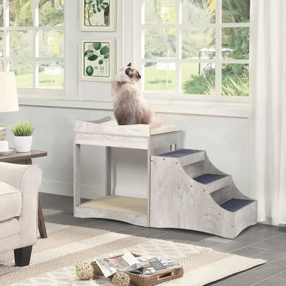 A Pet Bunk Bed with Removable Step for Dogs and Cats, MultiLevel Bed Window Perch Seat Platform with Cushion