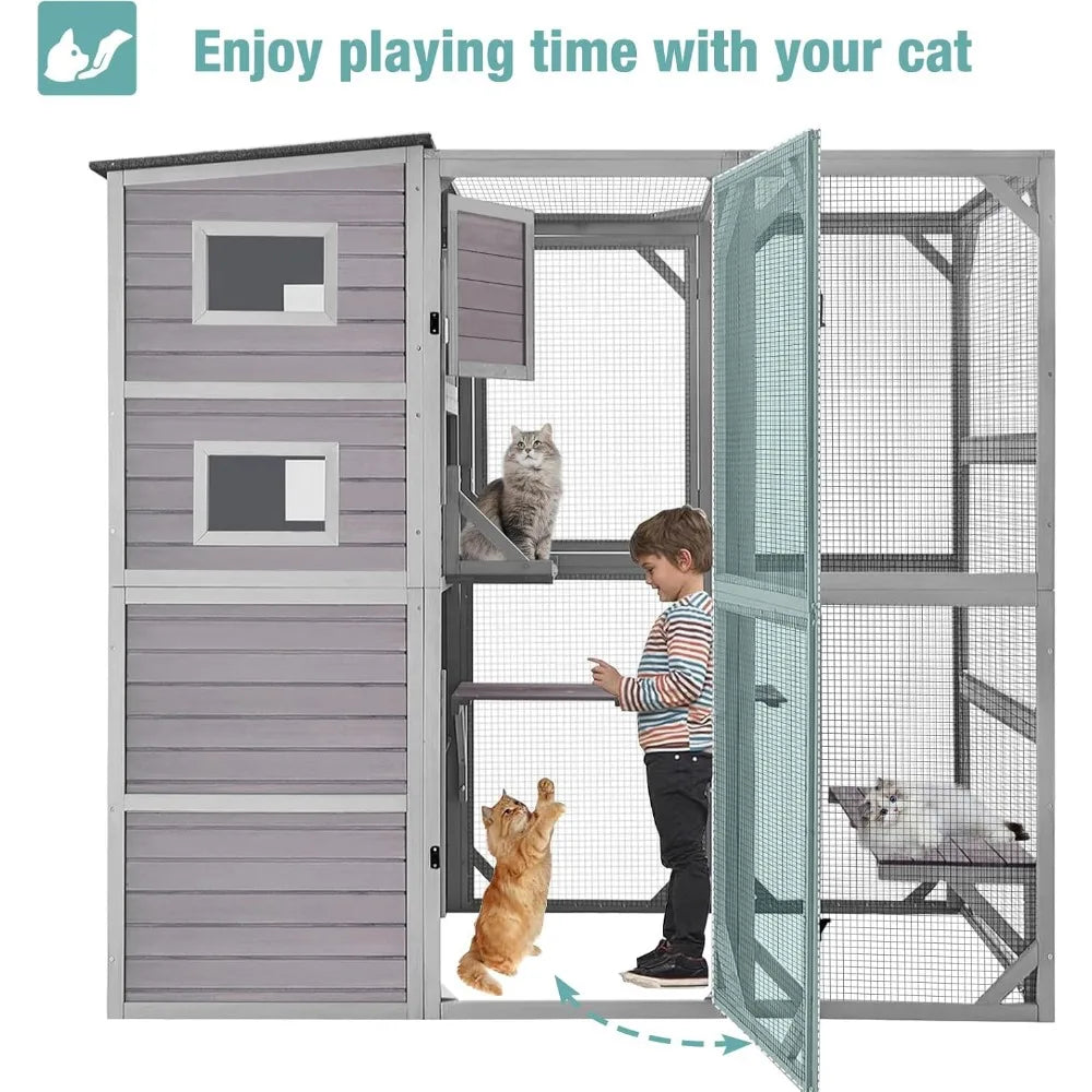 Cat Cage, Large Catio Outdoor Cat Enclosure with 4 Tiers, Weatherproof Roof