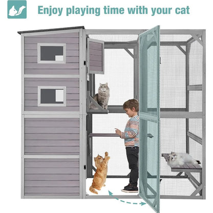Cat Cage, Large Catio Outdoor Cat Enclosure with 4 Tiers, Weatherproof Roof