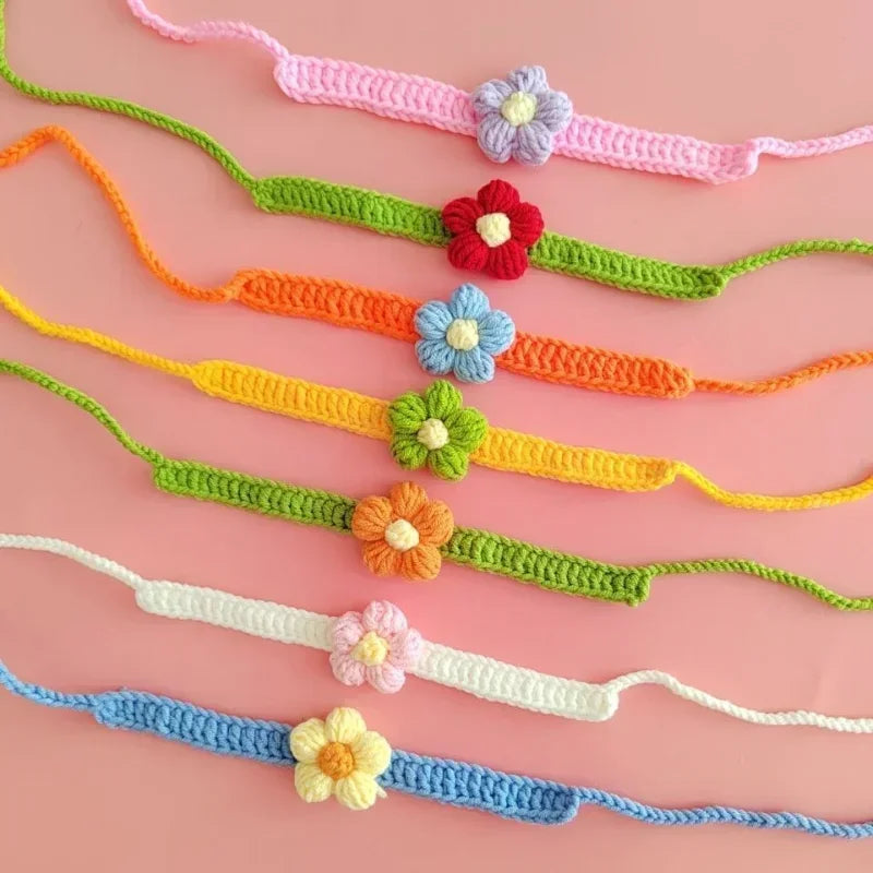 Kawaii Crochet Pet Collar, Adjustable Wool Necklace Flowers