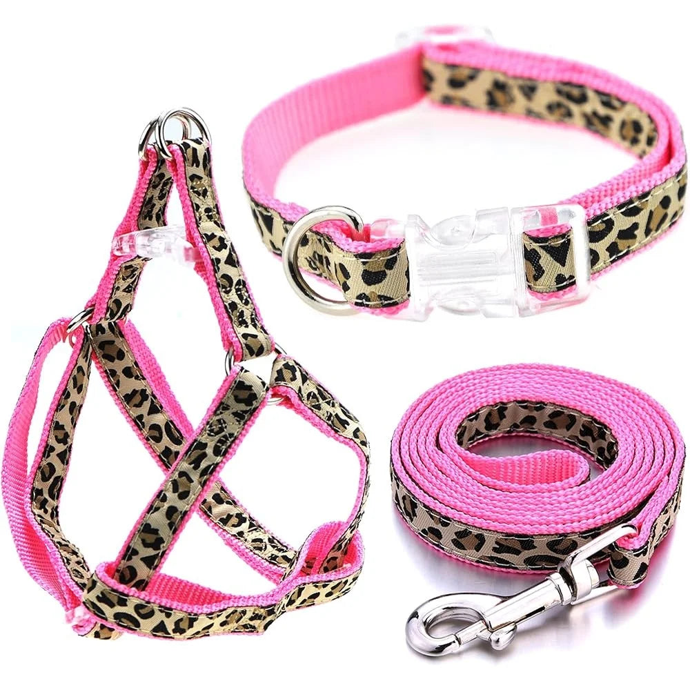 Leopard Print Dog Harness Leash Collar Set Adjustable No Pull For Small Pet