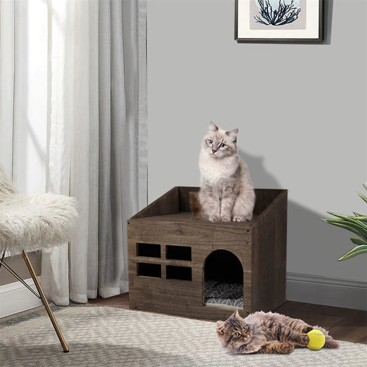 Wooden Cat Cave Bed Furniture With Cushion Pad