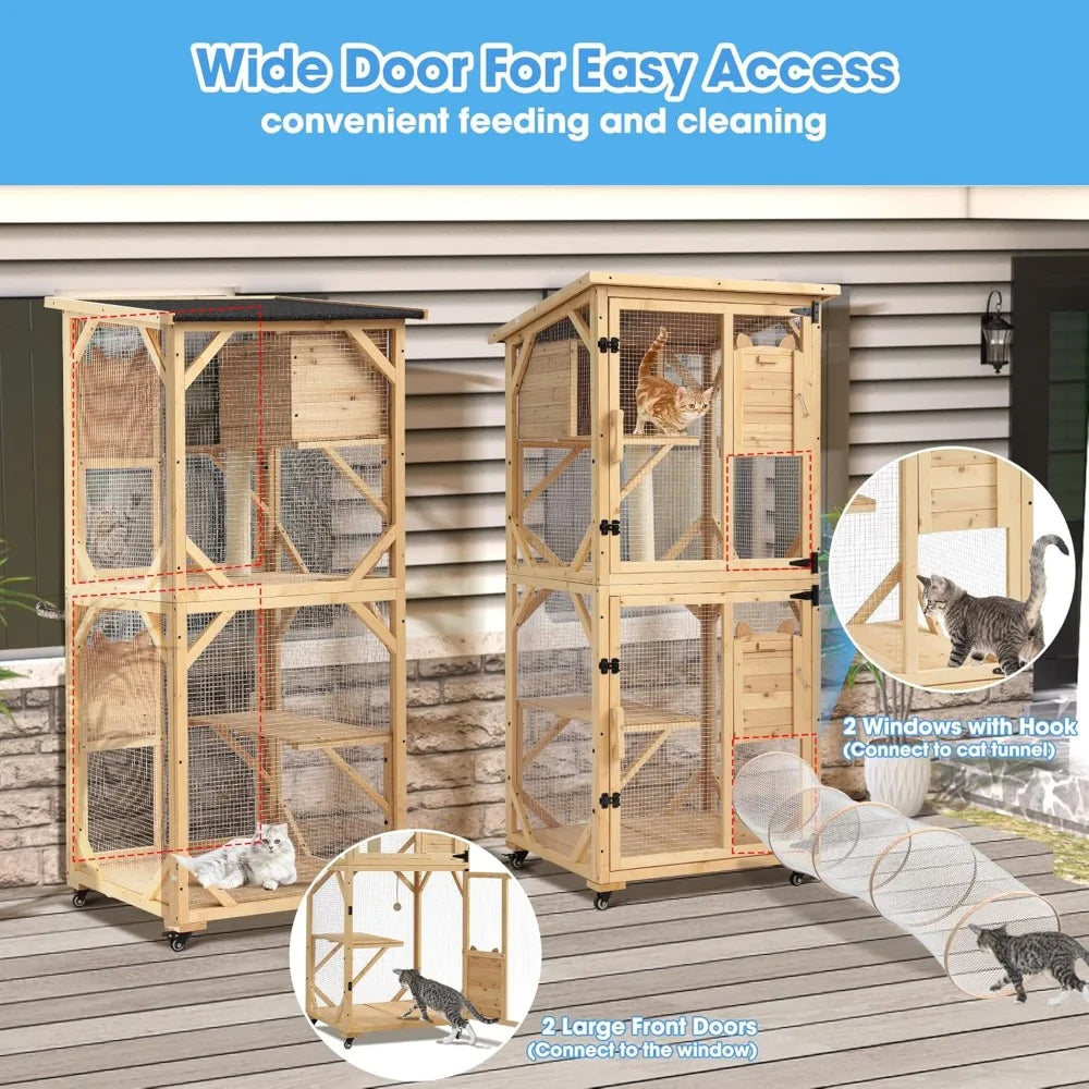 4-Tier Large Wooden Window Outdoor Cat Enclosure with Scratcher With Asphalt Waterproof Roof, Wheels