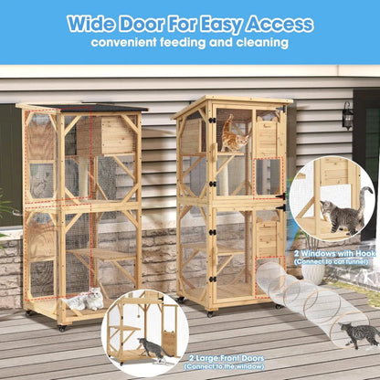 4-Tier Large Wooden Window Outdoor Cat Enclosure with Scratcher With Asphalt Waterproof Roof, Wheels