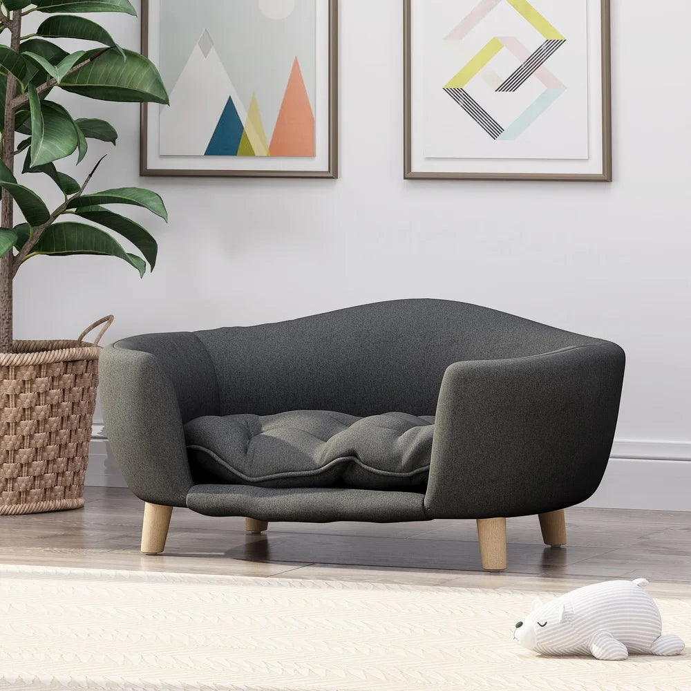 Mid Century Modern Plush Small Pet Bed With Birch Wood Legs Cozy Tufted Cushion Durable Stylish Design