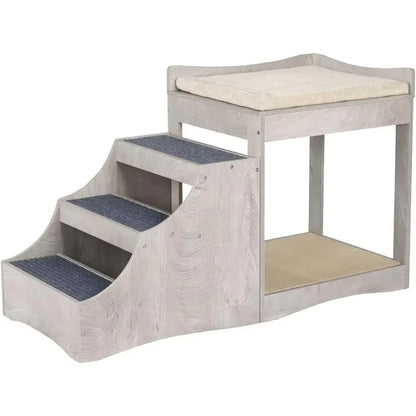 A Pet Bunk Bed with Removable Step for Dogs and Cats, MultiLevel Bed Window Perch Seat Platform with Cushion