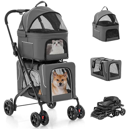 Double Dog Stroller, Removable Carrycot, Safety Belt, 4 Lockable Wheels