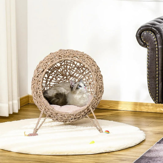 Elevated Weaved Cat Bed, Hand-Woven Braided With Cushion