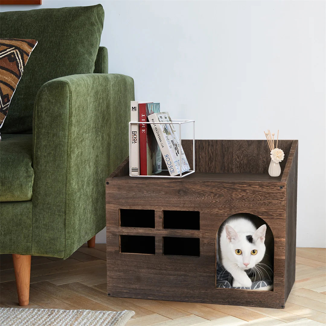 Wooden Cat Cave Bed Furniture With Cushion Pad