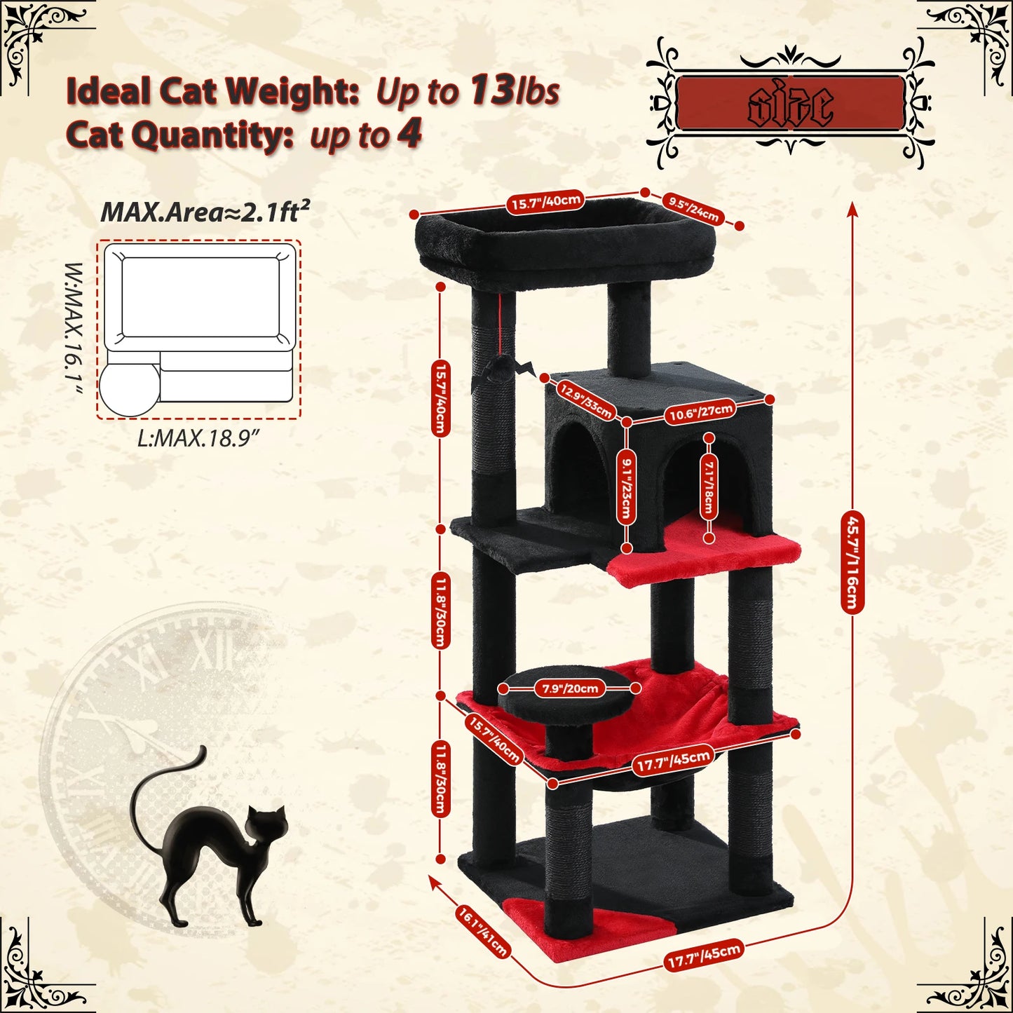 4-Tier Gothic Cat Tower with Sturdy Metal Frame, Hammock, Condo, Perch, and 4 Sisal Posts in Black