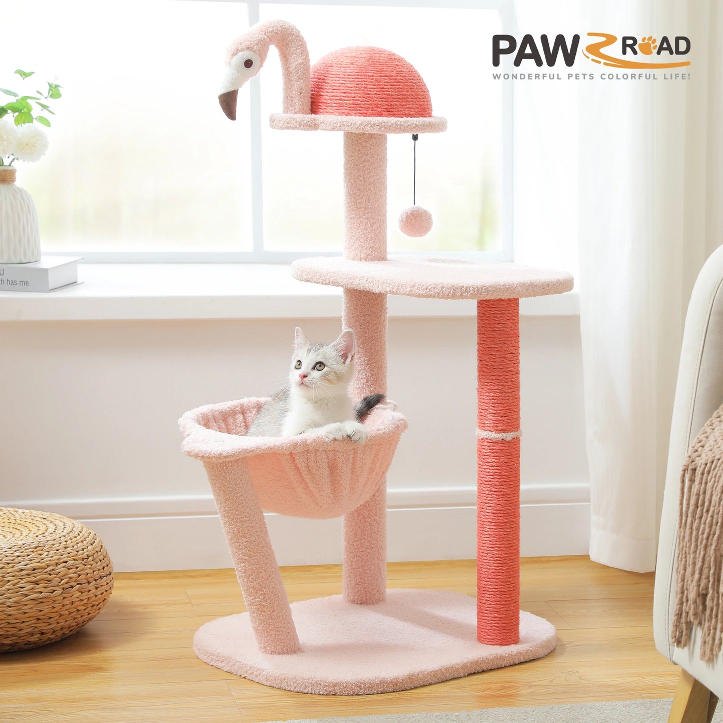 Flamingo Pink Cat Tower with Sisal Scratching Posts for Small Cats