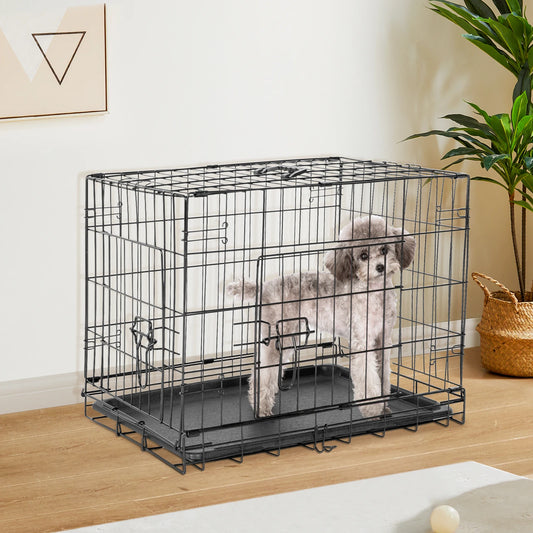 Double Door Folding Metal Dog Cage with Plastic Leak-Proof Pan