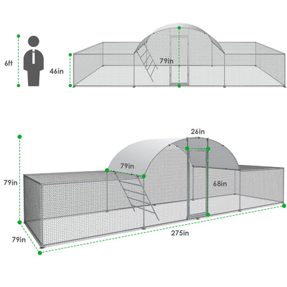 23ft Metal Chicken Coop, Run Enclosure Walk-in Galvanized Duck or Rabbit Cage House