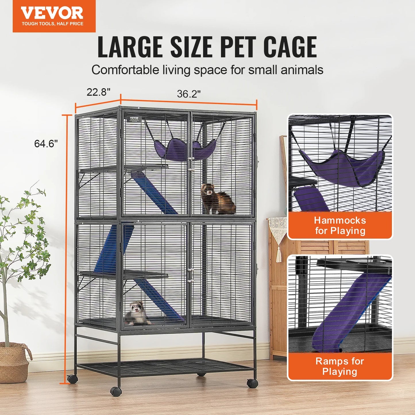 SucceBuy 64.6"Rolling Metal Cage For any Small Animal Cat, Chincilla, Ferret