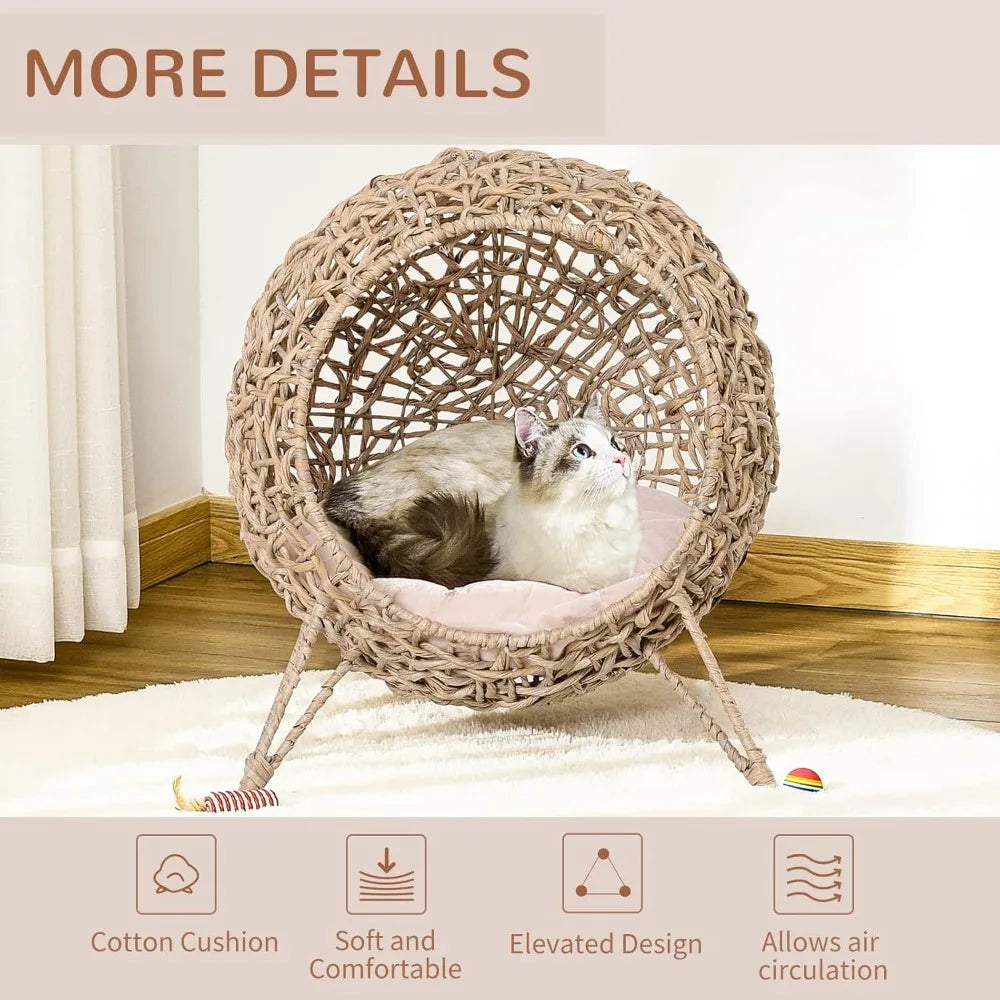 Elevated Weaved Cat Bed, Hand-Woven Braided With Cushion