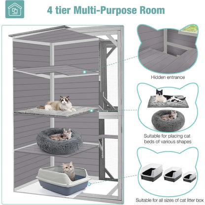 Cat Cage, Large Catio Outdoor Cat Enclosure with 4 Tiers, Weatherproof Roof