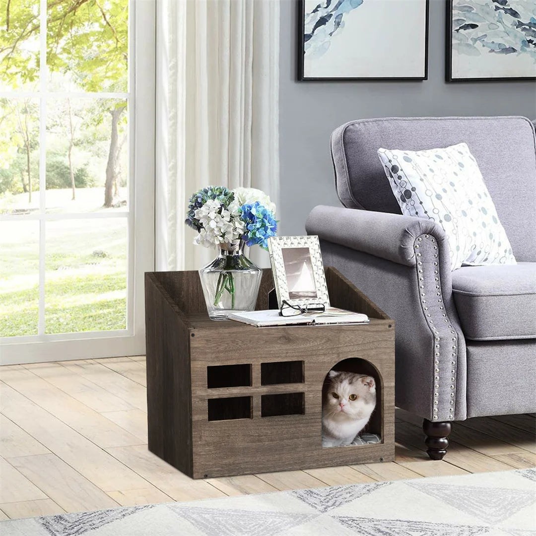 Wooden Cat Cave Bed Furniture With Cushion Pad